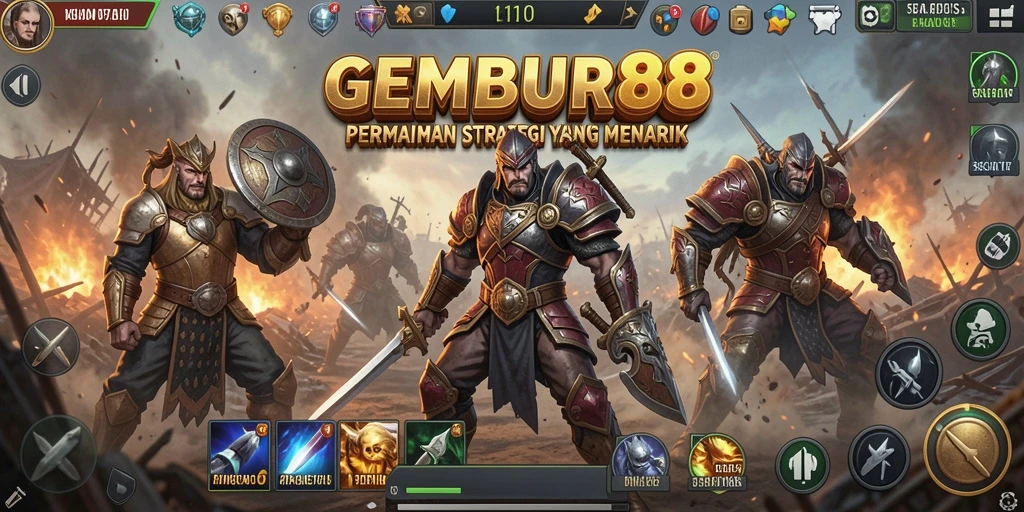 Tampilan gameplay <strong>GEMBUR88</strong> dengan strategi perang yang mendebarkan.