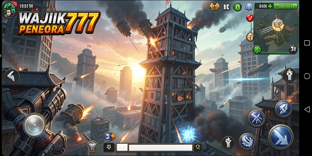 Tampilan gameplay menegangkan dari WAJIK777 dengan menara strategis.
